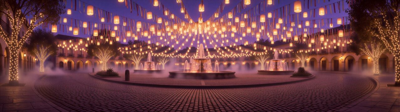 A panoramic night view of a glowing town square illuminated by hundreds of hanging lanterns and fountains with mist rising from the cobblestone ground
