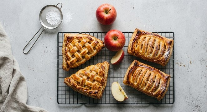 Top down view of freshly baked golden apple turnovers and lattice pastries on a black cooling rack with whole red apples and a powdered sugar sifter on a rustic stone background.