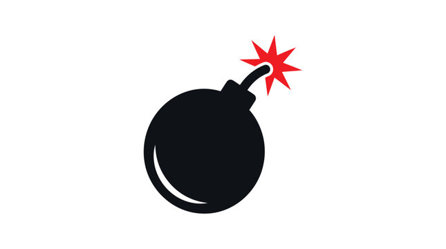 Black explosive bomb icon featuring a bright red burning fuse in a flat vector graphic style