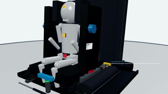 3D animation of an ISOFIX child safety seat anchor system demonstrating structural chassis connection, secure clamping mechanism, and kinetic impact energy absorption during a frontal collision