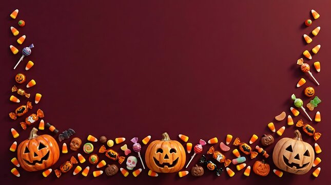 Halloween bottom border decoration of orange carved pumpkins and assorted candies on a dark red background.