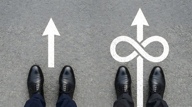 Business Person Choosing Between Standard Direction and Endless Possibilities for Future Career
