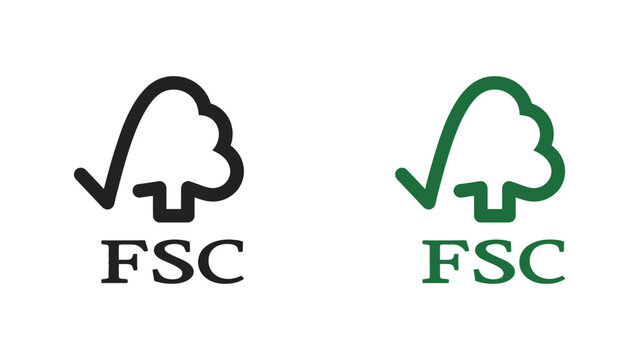 Forest stewardship council certification logos represented as professional vector graphic illustrations in black and green colors