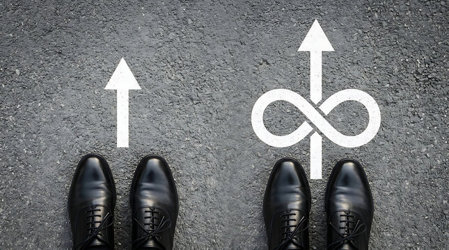 Decision-making and the infinite possibilities of choices symbolized by arrows on asphalt