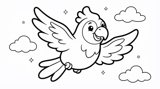 Happy flying parrot coloring page for children with cute bird wings spread among clouds and stars black and white line art vector