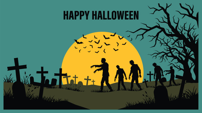 Halloween background with zombies walking in a graveyard at night