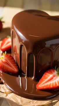 Deliciosa tarta de chocolate en forma de coraz&oacute;n cubierta con cobertura brillante y fresas frescas cortadas alrededor