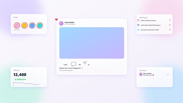 Clean modern social media dashboard interface mockup with profile widgets analytics cards and post layout templates