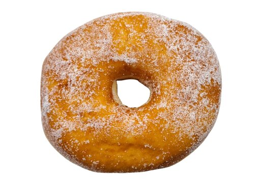 Top view of a traditional Greek ring-shaped loukouma coated with granulated sugar, featuring its iconic center hole. A nostalgic fried pastry popular at Greek beaches in the 1980s and 1990s.