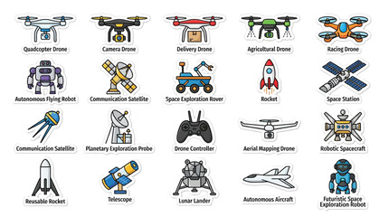 Collection of futuristic and modern technology icons including drones, rockets, and spacecraft. © Melanie