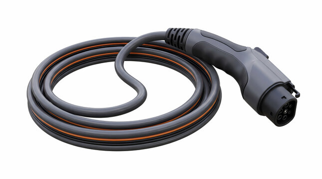 Electric Vehicle Charging Cable and Type 1 J1772 Plug Connector 3D Illustration Coiled EV Cable Isolated on White Background   