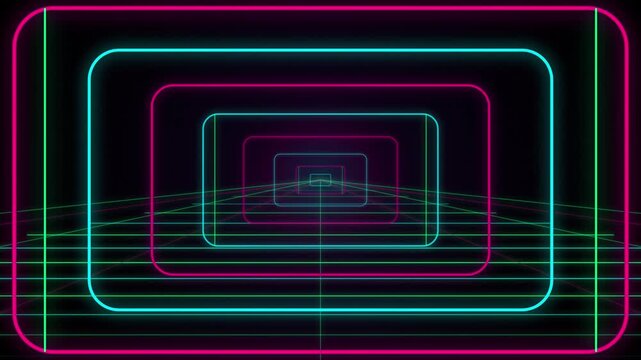 Abstract futuristic tunnel background with glowing neon rectangles and perspective grid lines