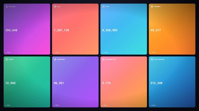 Colorful dashboard UI cards with statistical data and gradient backgrounds for business analytics and web design presentation