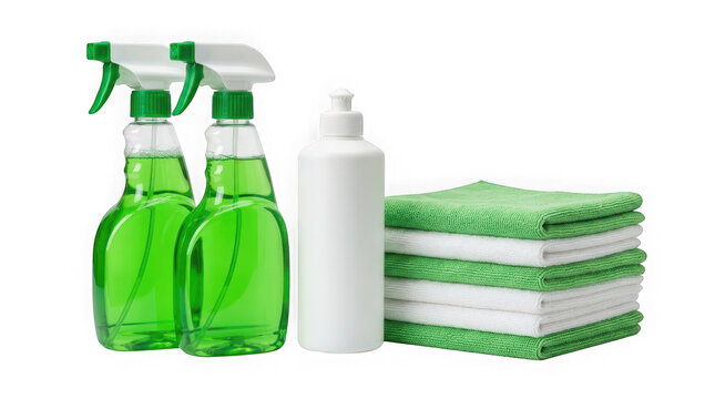 Cleaning supplies including two spray bottles, a white detergent bottle, and a stack of microfiber cloths isolated on transparent background