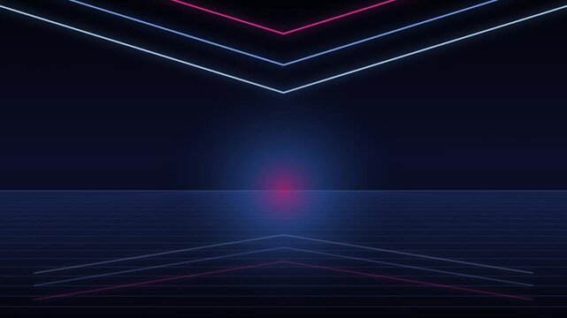 Abstract retro futuristic background with glowing neon light lines and geometric patterns
