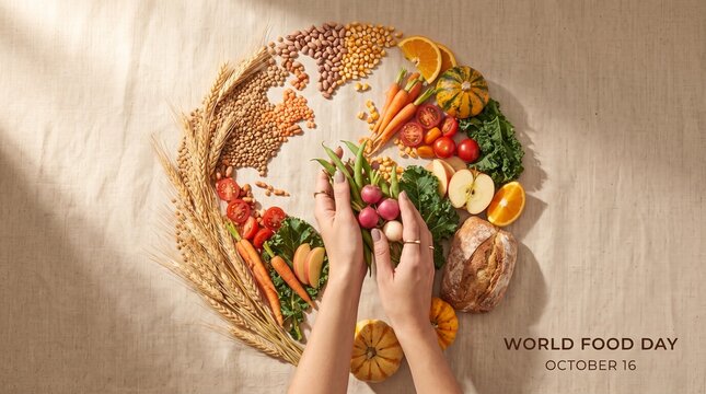 World Food Day concept with diverse vegetables and grains on linen bac