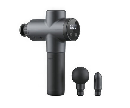 Handheld electric muscle massage gun with digital display and two interchangeable massage heads isolated on transparent background