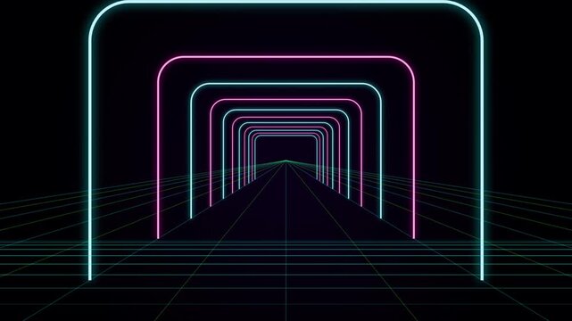 Futuristic neon light tunnel with glowing archway frames and perspective digital grid lines in a virtual space