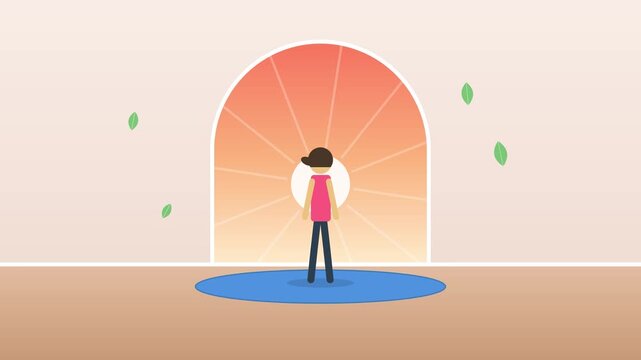 nimation of a person doing morning stretching and squat exercise in front of a sunrise window