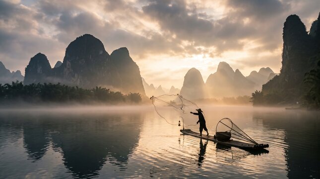 Traditional fisherman casting net on bamboo raft at misty sunrise with karst mountains