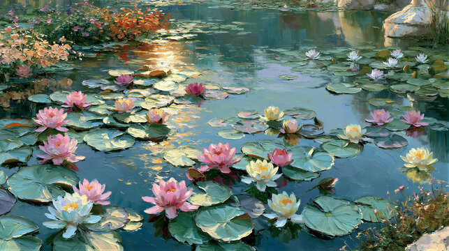 Top-down impressionist water lily pond, floating petals on glassy water, golden morning light, soft brushstrokes, Morandi palette, calm negative copy space for decorative wallpaper and interior decor.