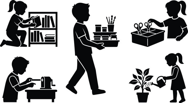 Children Organizing Classroom Supplies and Plants Vector Silhouette Set for Educational Activities