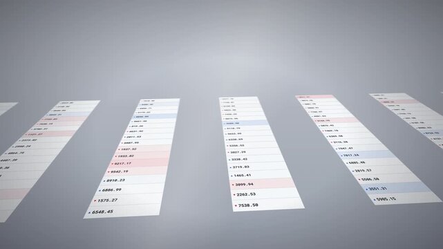 3D digital illustration of floating financial spreadsheets with columns of numerical market data