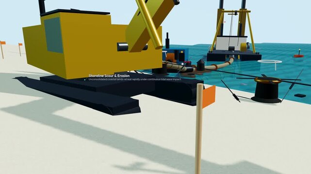 3D animation of geotube coastal defense system construction with excavator and dredging vessel pumping sand into permeable dewatering matrix for hydrodynamic wave dissipation and shoreline protection