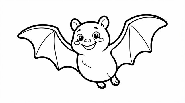 Cute cartoon bat flying coloring page illustration for kids with happy face and open wings outline vector