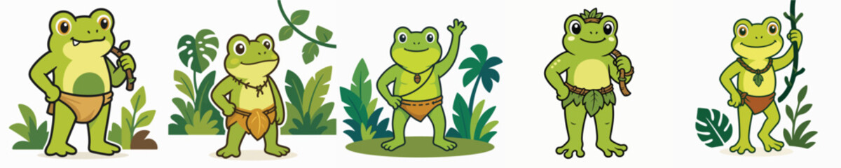 Fototapeta premium Set of vector illustrations of a cute frog standing and wearing a Tarzan jungle costume.