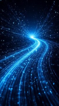 Dynamic Flow of Blue Light Particles Creating Wavy Path Through Dark Background