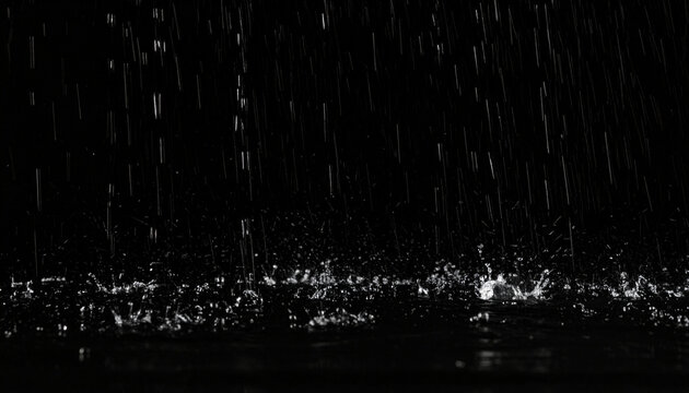 Dynamic close-up of heavy rain falling and splashing on a dark surface creating ripples and droplets in a dramatic atmospheric effect