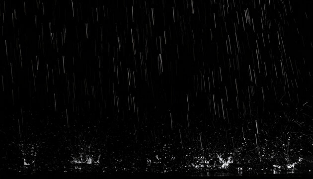 Dramatic Black and White Rain Falling on a Dark Surface with Splashes and Ripples Creating a Moody Atmospheric Effect