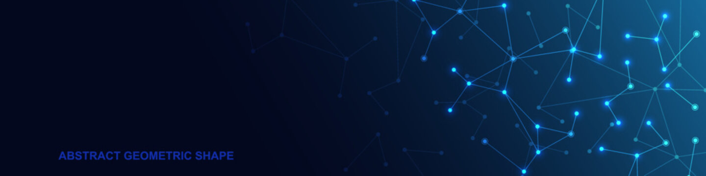 Abstract blue molecular structure with glowing connected nodes and lines on dark background. Concept of chemistry, nanotechnology, network, science, biotechnology and innovation