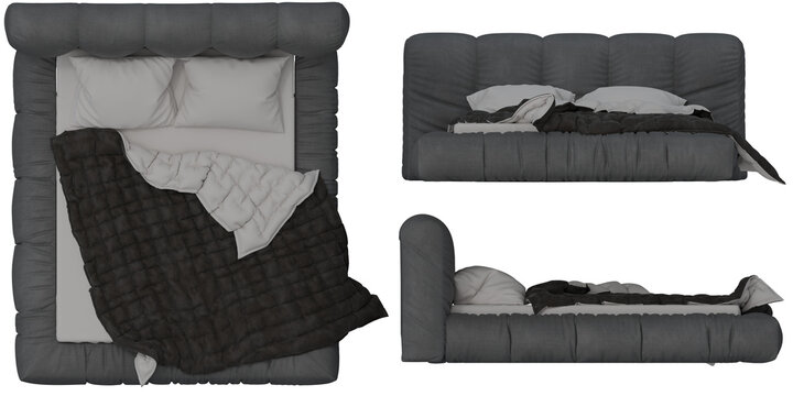 Bed 2d for floor plan and cross-section view, Orthogonal, top, front and side view furniture transparent background render