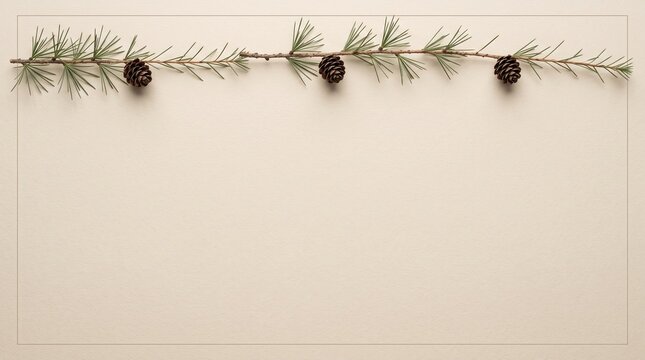 Pine branch with small cones placed along the top edge on a beige background with a thin border frame.