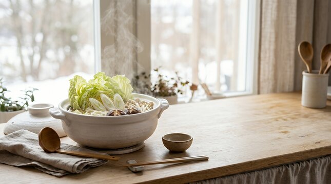 冬野菜ときのこの湯気立つ鍋料理
