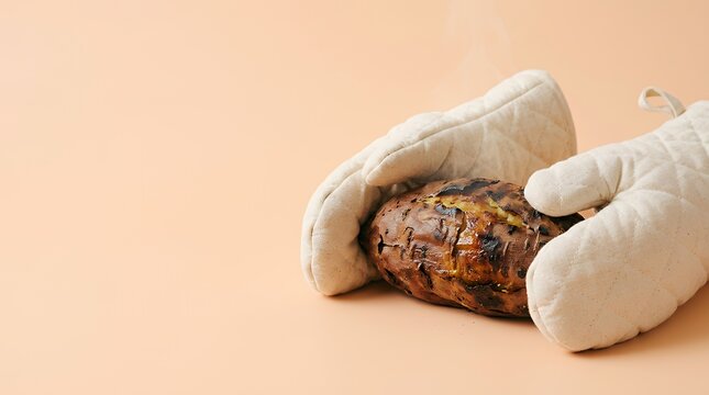 オーブンミトンで持つ熱々の焼き芋