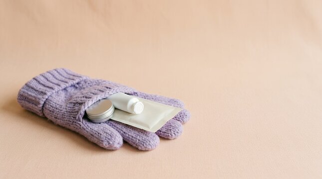 紫のニット手袋に置かれた冬のスキンケア用品
