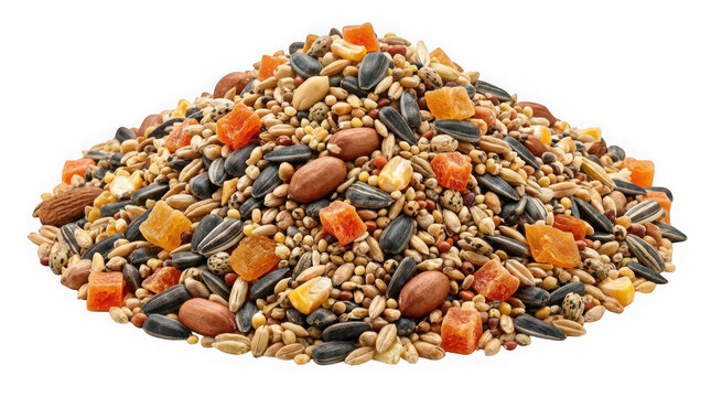 Pile of bird food mix with seeds, nuts, and dried fruit isolated on transparent background