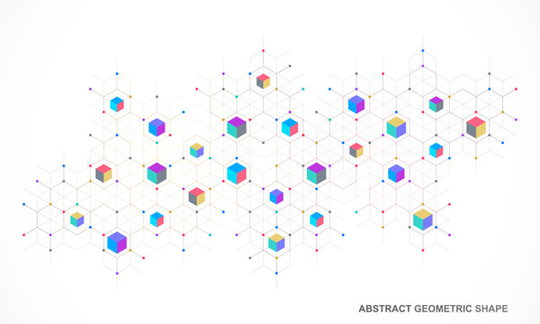 Colorful isometric cubes on hexagon network abstract technology background