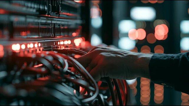 A technician works on server equipment in a data center. Cables are connected and lights blink as adjustments are made.