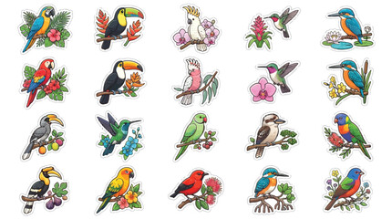Obraz premium Collection of colorful exotic birds perched on branches with flowers.