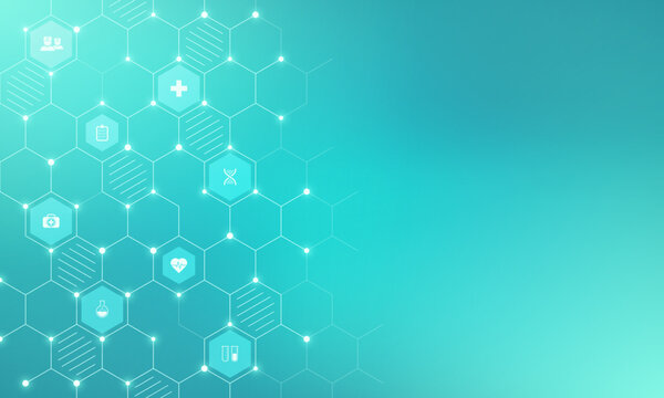 Medical background and healthcare technology with flat icons and symbols. Concept and idea for health care business, innovation medicine, health safety, science, medical research, and development.