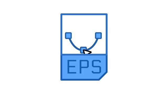 Flat outline icon showing a curved vector path with two anchor points and a pointer cursor above a blue EPS file label for graphic export format type