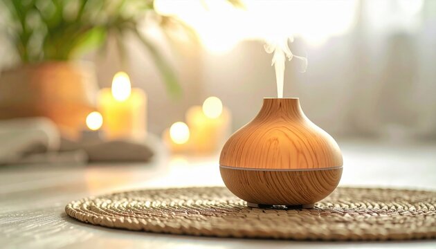 Light wood essential oil diffuser releasing steam mist with soft ambient light in a serene home setting