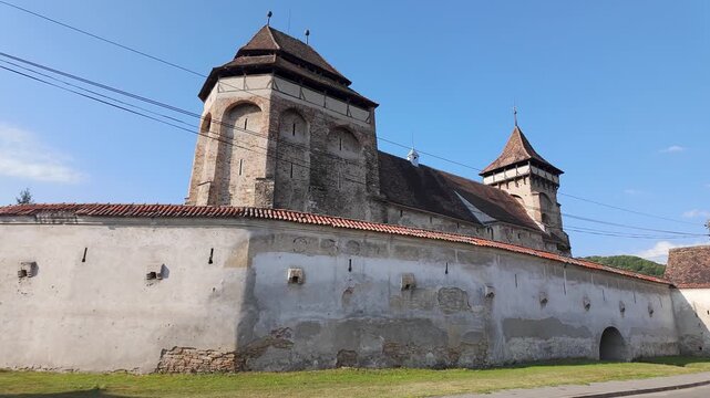 Medieval fortified church and surrounding walls at Valea Viilor in Transylvania Romania