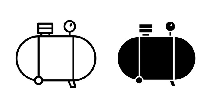 Air compressor icon in outline and solid style, isolated on white background. Ideal for industrial, automotive, tools, and machinery related features in mobile and web design.