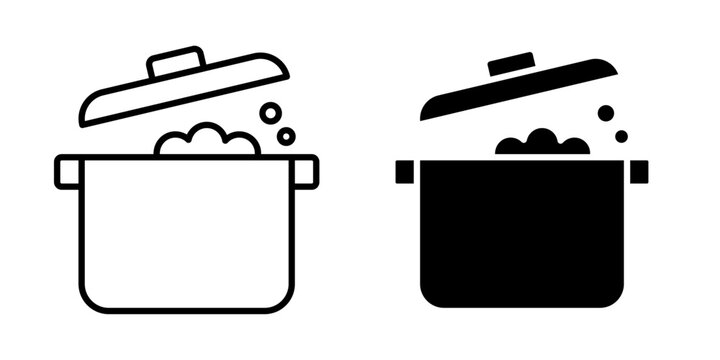 Cooking pot icon in outline and solid style, isolated on white background. Ideal for kitchen, cooking, food preparation, and culinary related features in mobile and web design.
