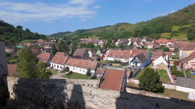 Panoramic view over Biertan village and traditional rooftops in Transylvania Romania